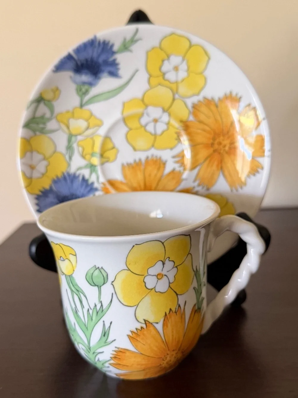 MCM Vintage SIGNED Ernestine Salerno Italy Yellow Orange Blue Tea Cup Saucer Set